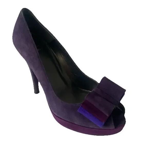 Stuart Weitzman Pump Platform Slim Heel Moda Purple Suede Peep Toe Bow 6.5